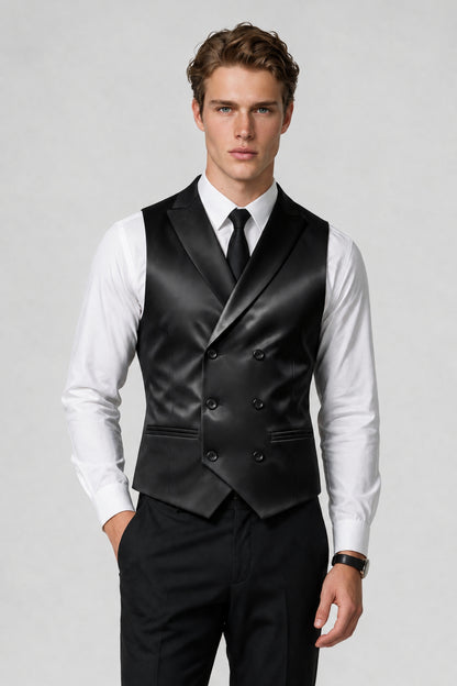 Close-up front view of Savile black satin vest with shawl lapel