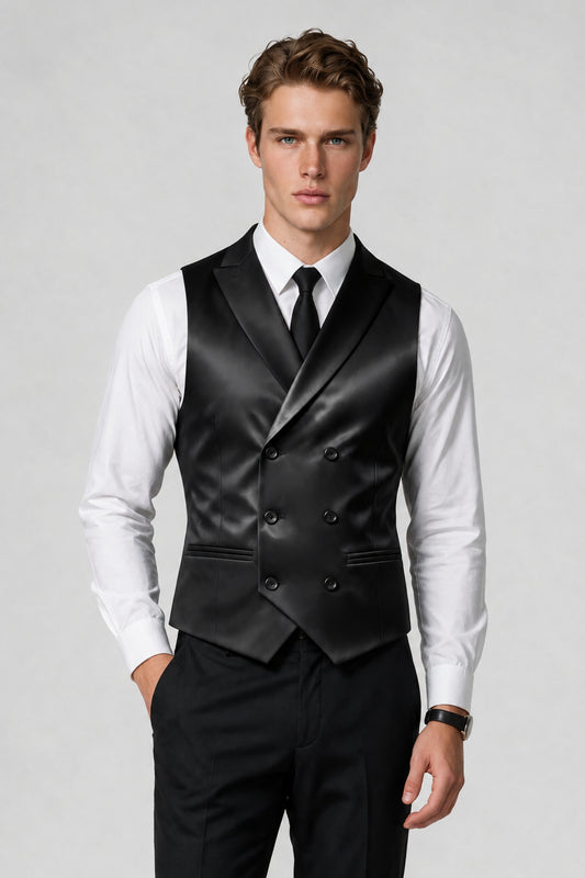 Close-up front view of Savile black satin vest with shawl lapel