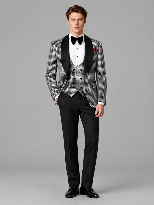 Savile Men's Black and White Houndstooth Shawl Lapel 3-Piece Tuxedo Suit Set – Jacket, Vest & Trousers