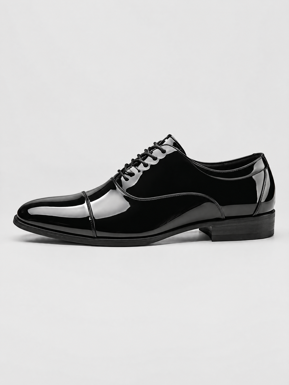 Savile Men's Black Patent Leather Cap Toe Oxford Shoes - Pair Studio Three-Quarter View