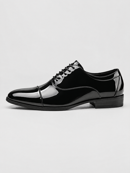 Savile Men's Black Patent Leather Cap Toe Oxford Shoes - Pair Studio Three-Quarter View
