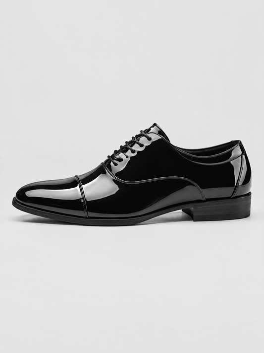 Savile Men's Black Patent Leather Cap Toe Oxford Shoes - Pair Studio Three-Quarter View