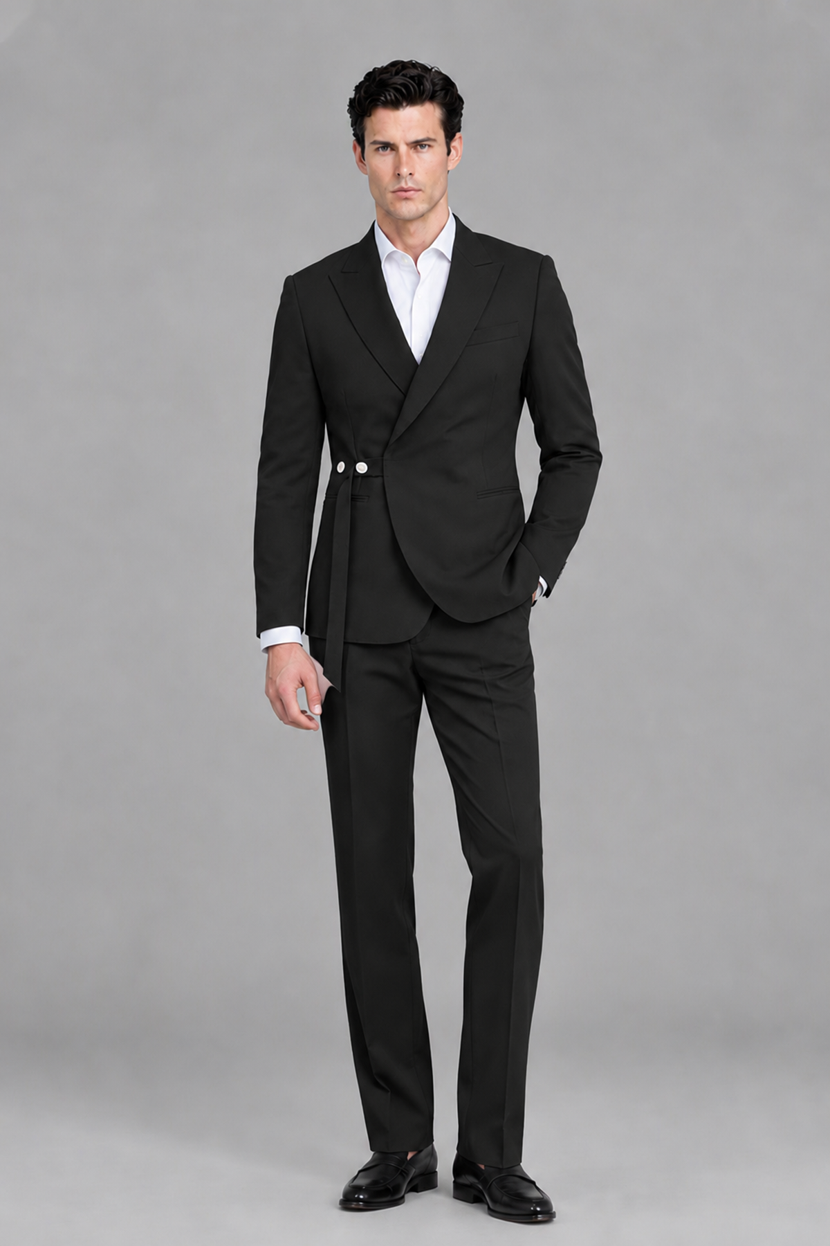 Savile Men's Black 2-Piece Wrap Suit Set - Front Standing View