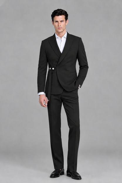 Savile Men's Black 2-Piece Wrap Suit Set - Front Standing View
