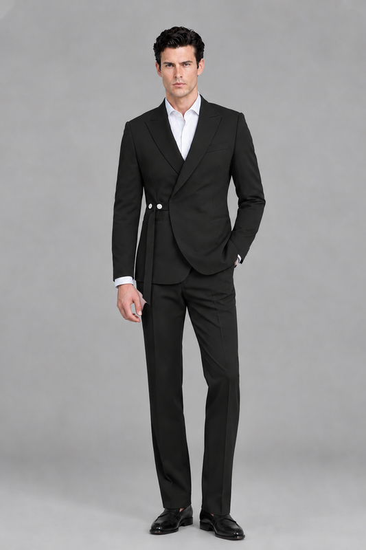 Savile Men's Black 2-Piece Wrap Suit Set - Front Standing View