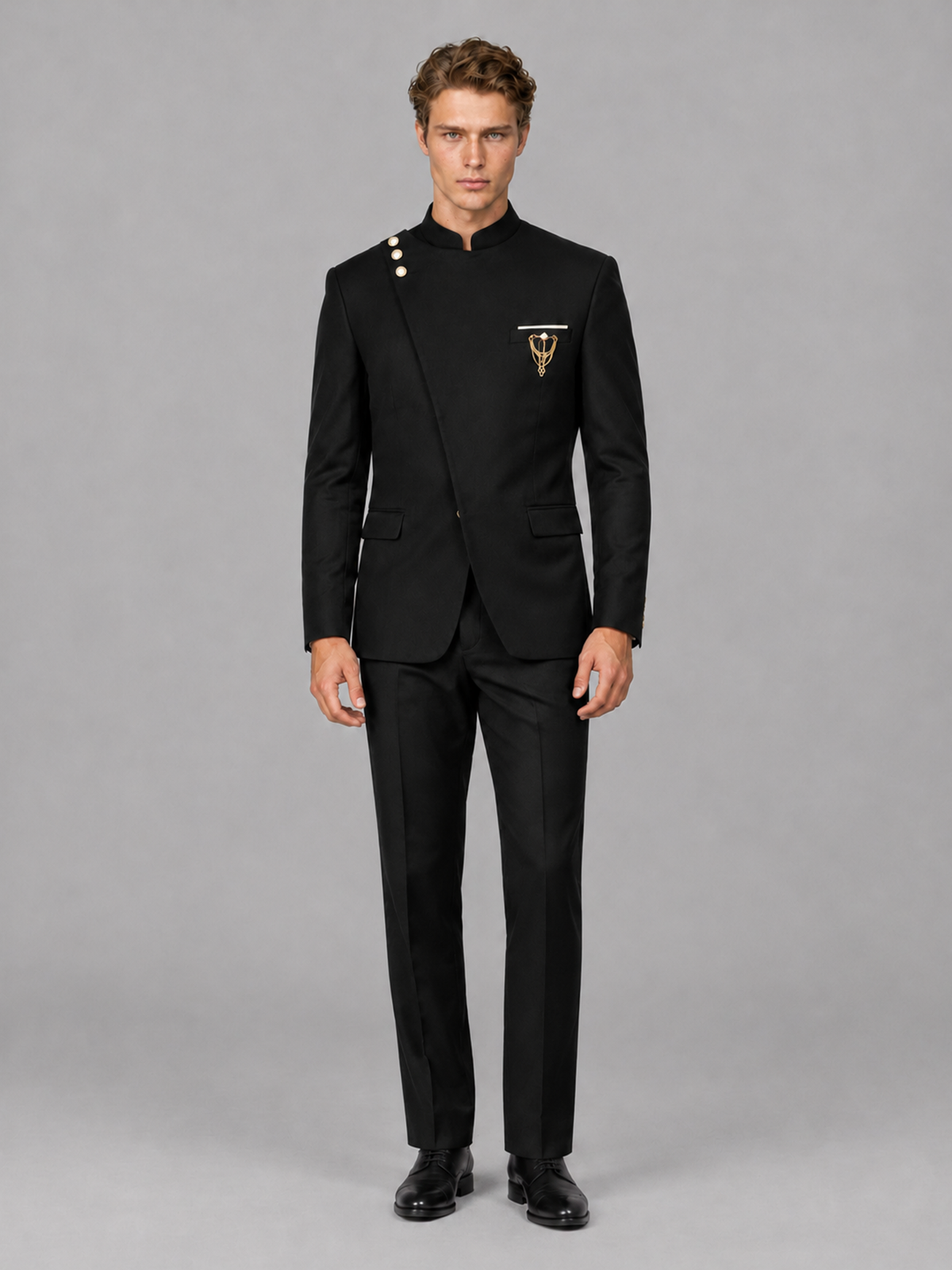 Savile Men's Black Mandarin Collar Asymmetrical 2-Piece Suit Set - Front Full Length View