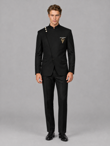Savile Men's Black Mandarin Collar Asymmetrical 2-Piece Suit Set - Front Full Length View