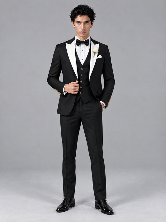Savile Men's Black Contrast White Peak Lapel 3-Piece Tuxedo Suit