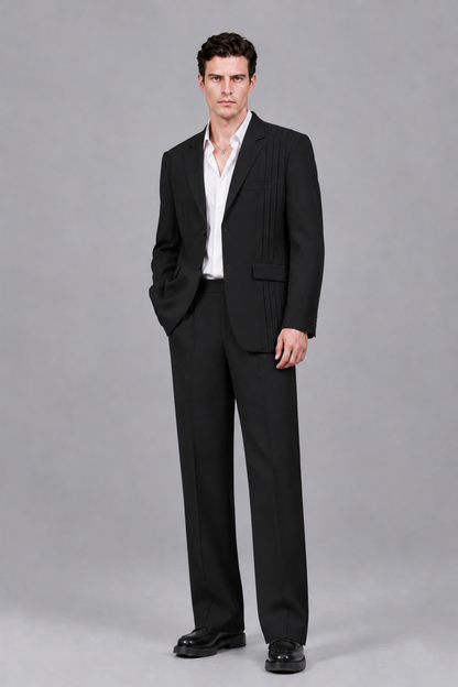 Savile Men's Black Pleated 2-Piece Suit Set | Notch Lapel Blazer & Tailored Trousers