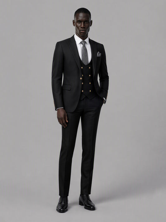 Men's Black 3-Piece Suit Set – Jacket, Double-Breasted Vest & Trousers