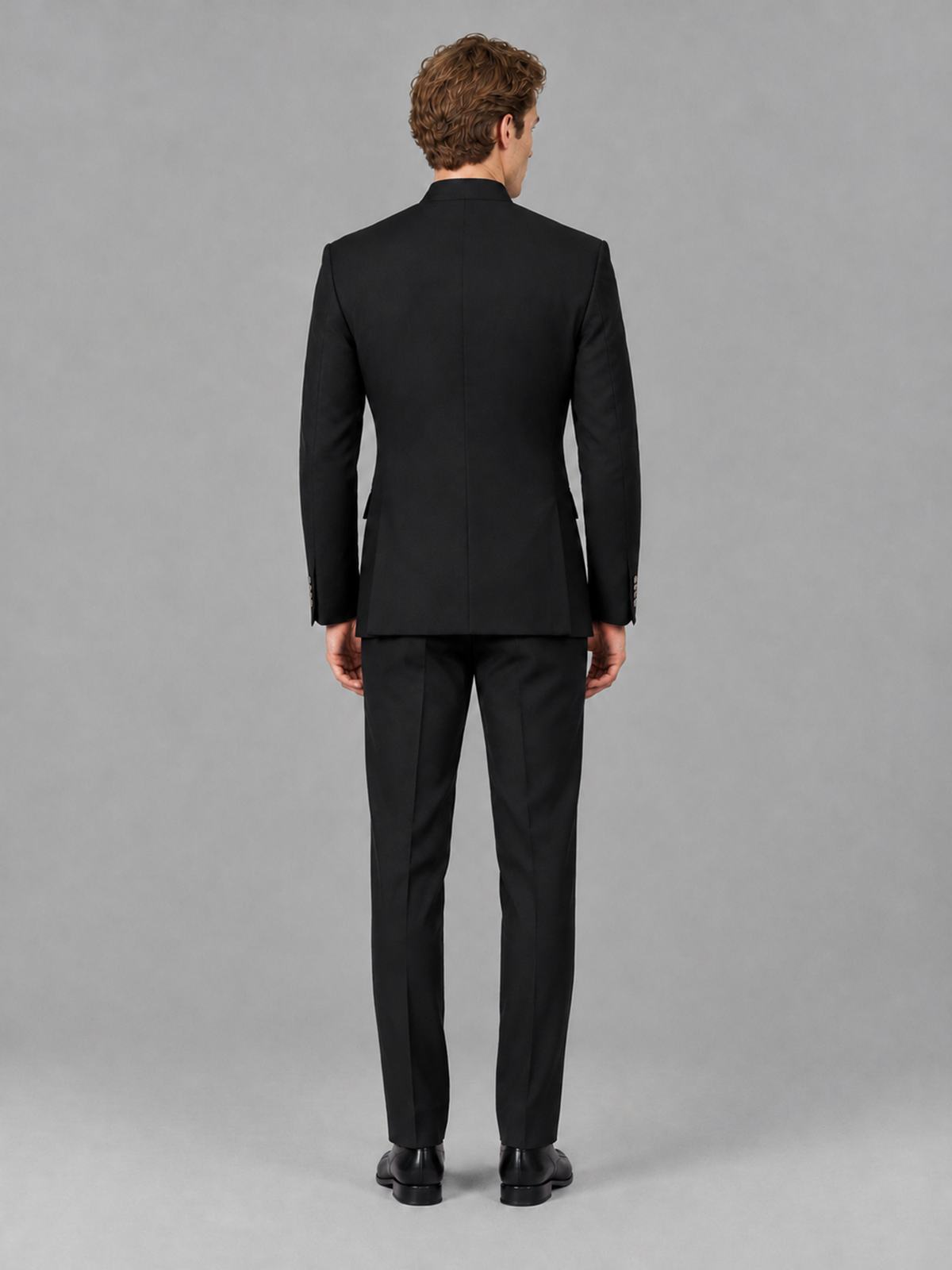 Savile Men's Black Mandarin Collar Asymmetrical 2-Piece Suit Set - Ventless Back View