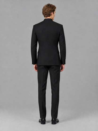 Savile Men's Black Mandarin Collar Asymmetrical 2-Piece Suit Set - Ventless Back View