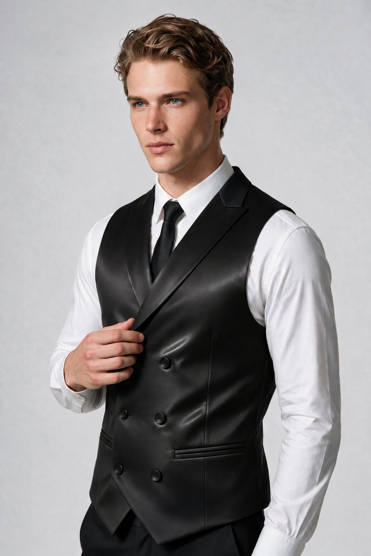 Man wearing Savile black satin vest, three-quarter front view
