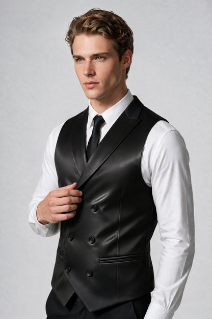 Man wearing Savile black satin vest, three-quarter front view