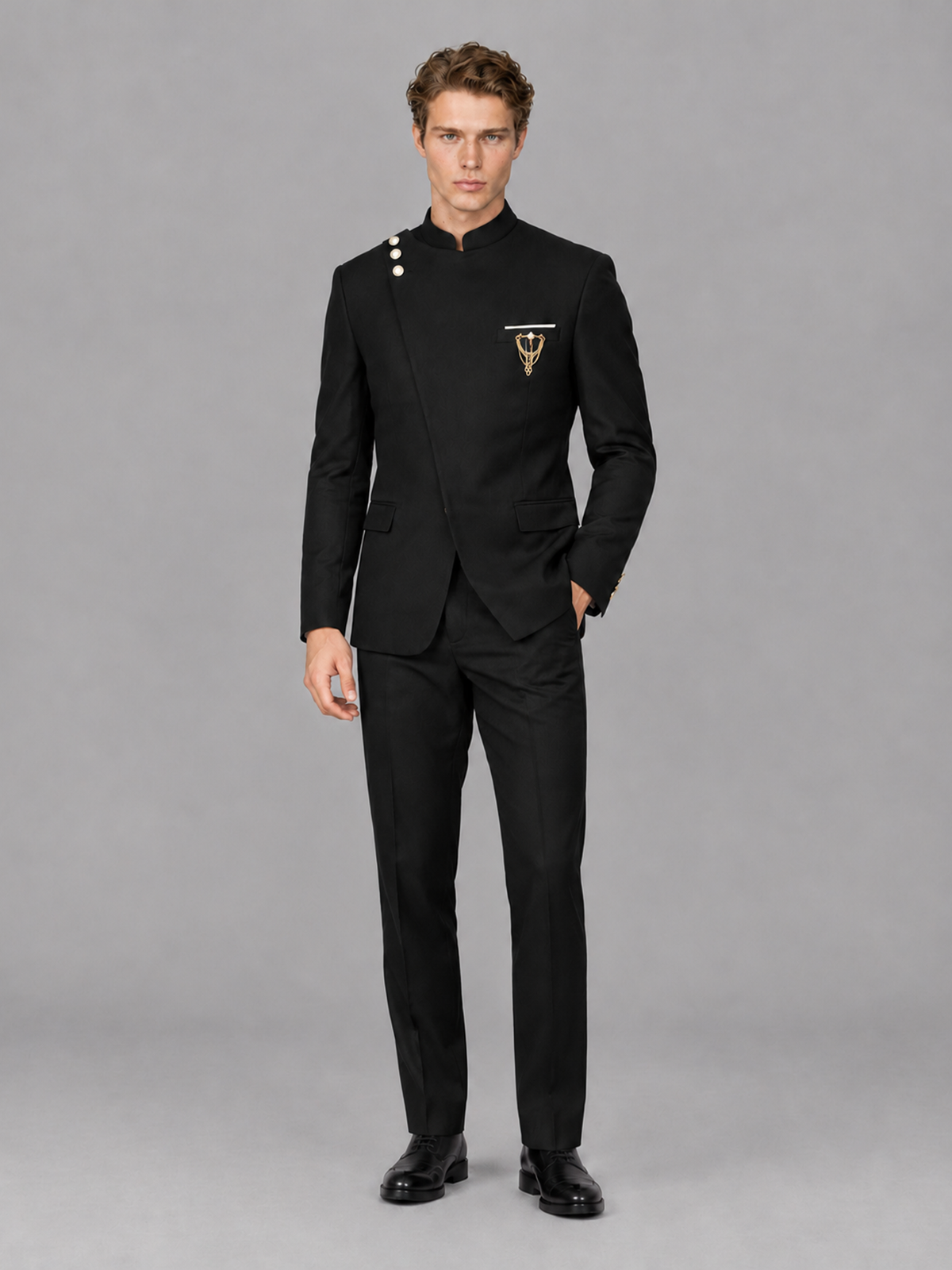 Savile Men's Black Mandarin Collar Asymmetrical 2-Piece Suit Set - Front Standing Pose
