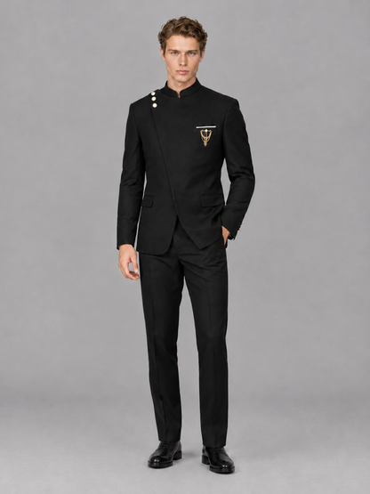Savile Men's Black Mandarin Collar Asymmetrical 2-Piece Suit Set - Front Standing Pose