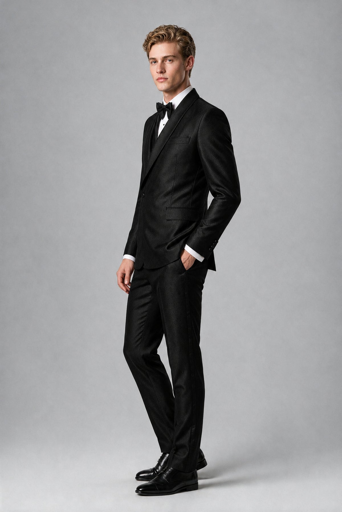 Savile Men's Black Asymmetric Crossover Suit Jacket - Close-up showing shawl lapel and wrap button closure