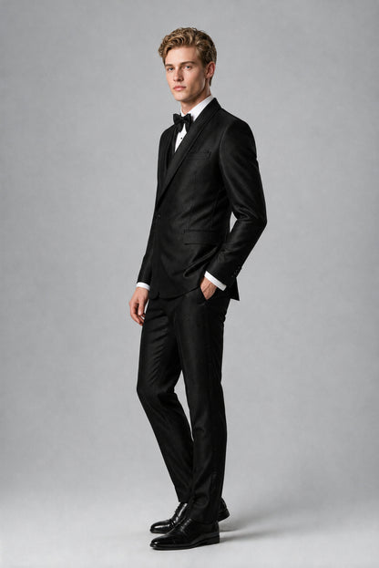 Savile Men's Black Asymmetric Crossover Suit Jacket - Close-up showing shawl lapel and wrap button closure