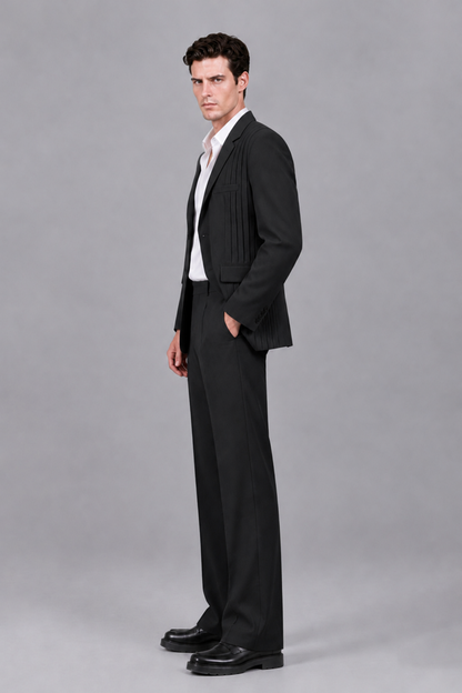 Savile Men's Black Pleated 2-Piece Suit Set | Notch Lapel Blazer & Tailored Trousers