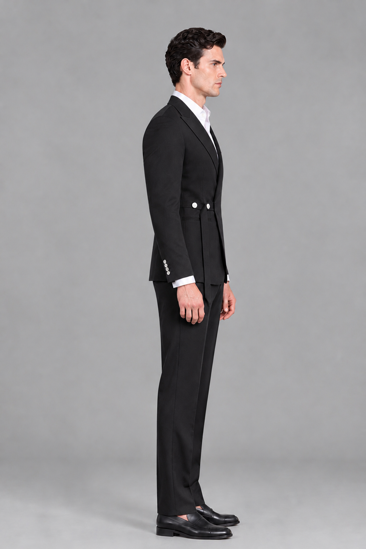 Savile Men's Black 2-Piece Wrap Suit Set - Full Body Side Profile View
