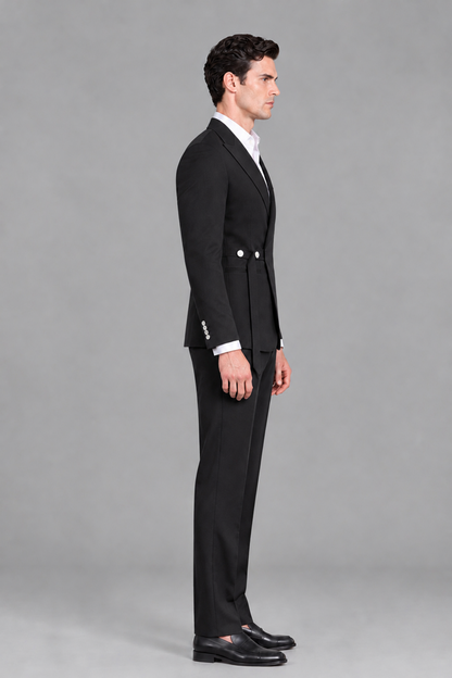 Savile Men's Black 2-Piece Wrap Suit Set - Full Body Side Profile View