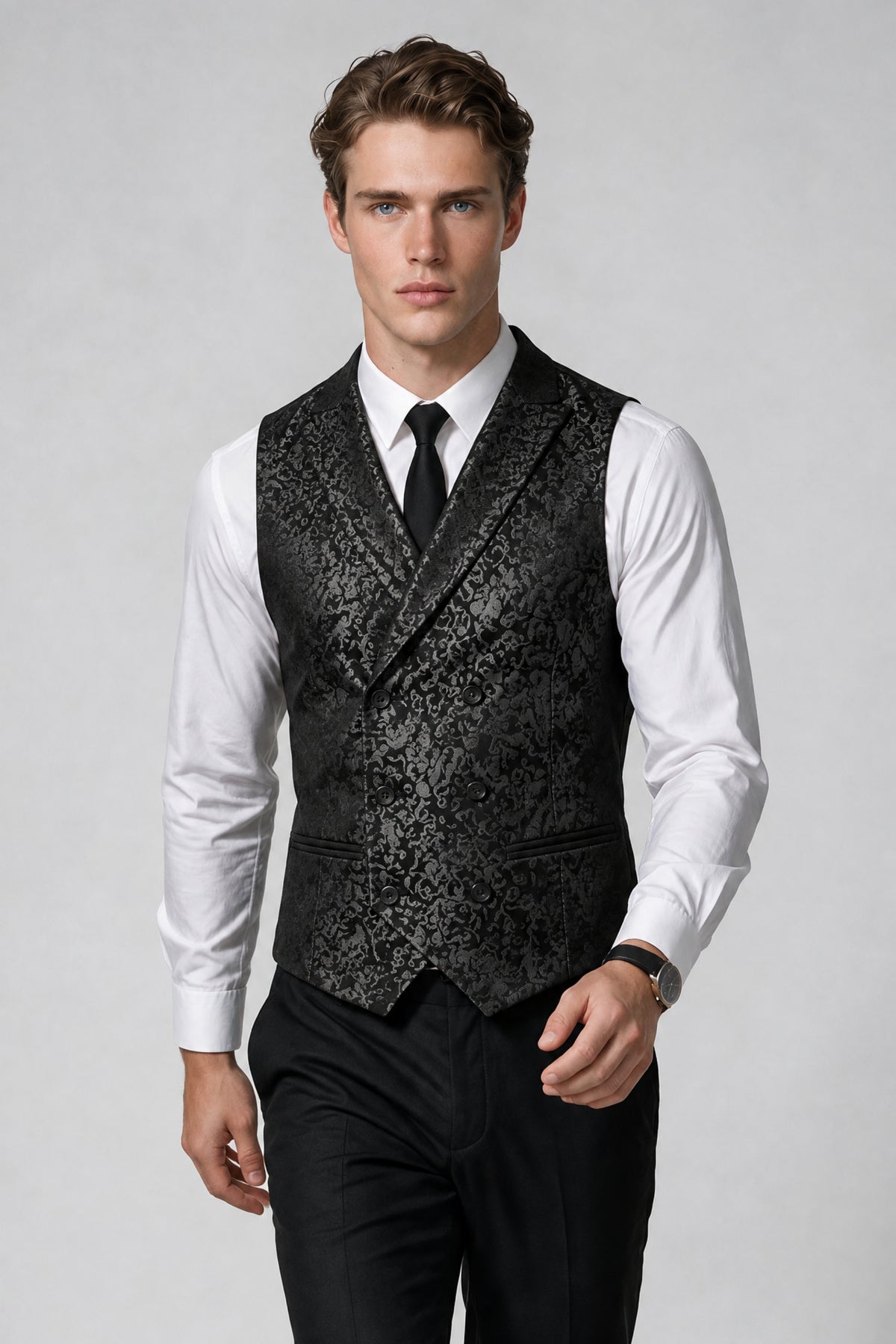 Man walking in Savile black paisley jacquard vest, front angle