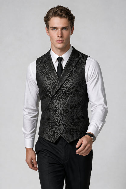Man walking in Savile black paisley jacquard vest, front angle