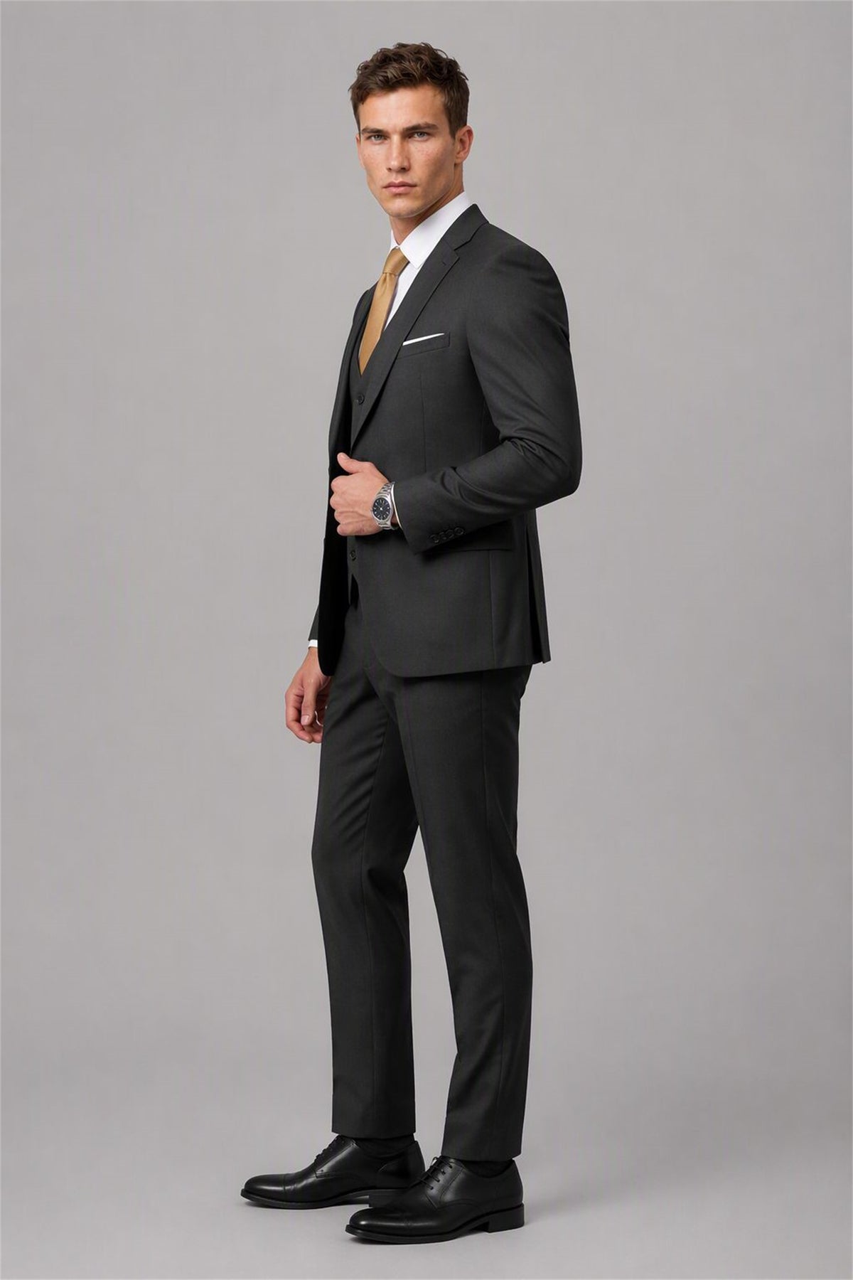 Men's Black 3-Piece Slim Fit Suit - Three-Quarter View | Savile AA0002