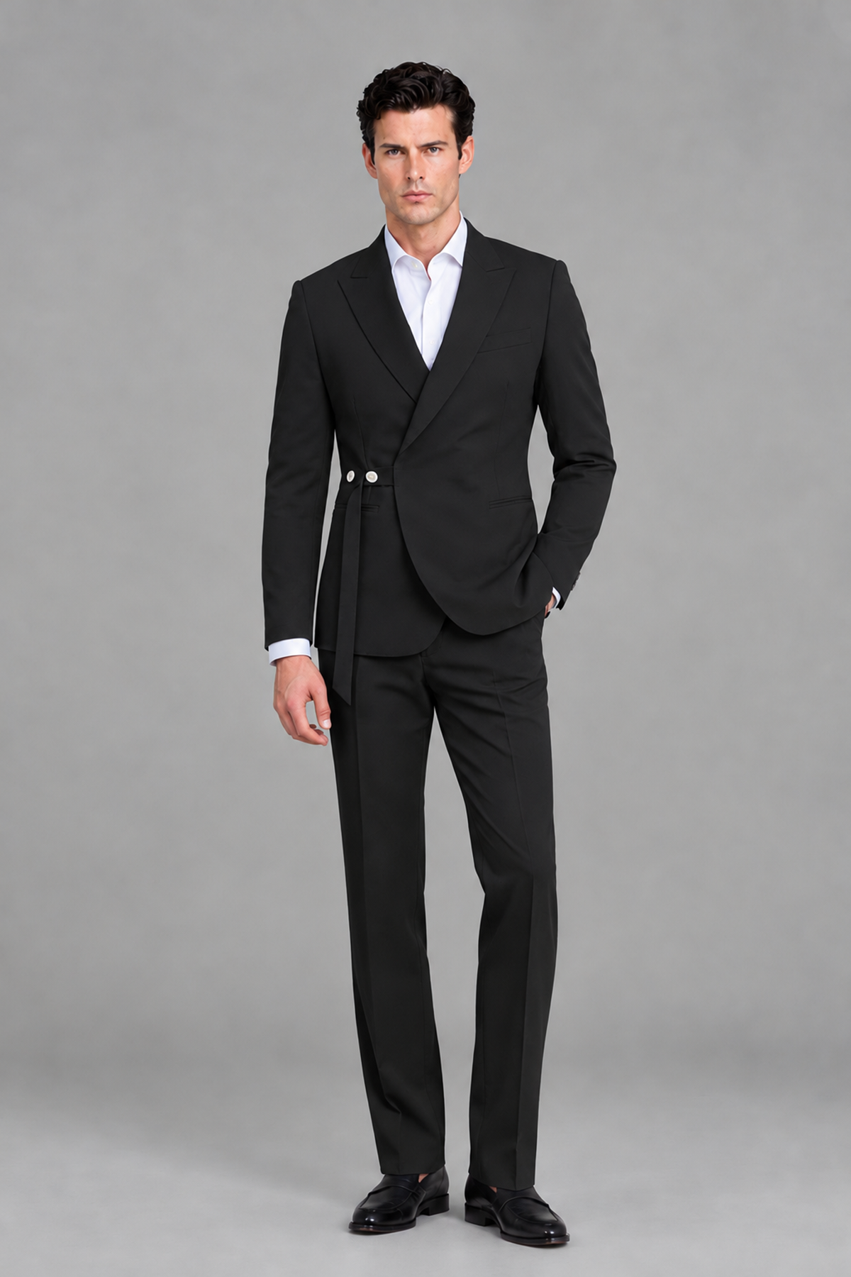 Savile Men's Black 2-Piece Wrap Suit Set - Full Body Front View
