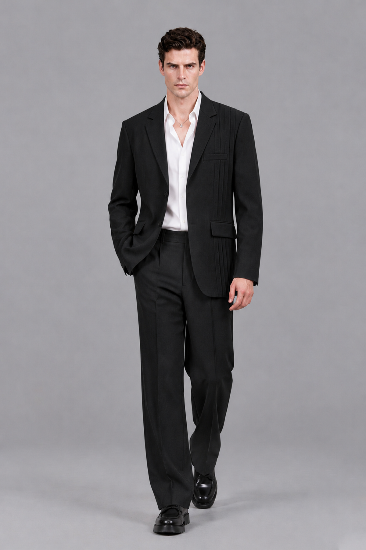 Savile Men's Black Pleated 2-Piece Suit Set | Notch Lapel Blazer & Tailored Trousers