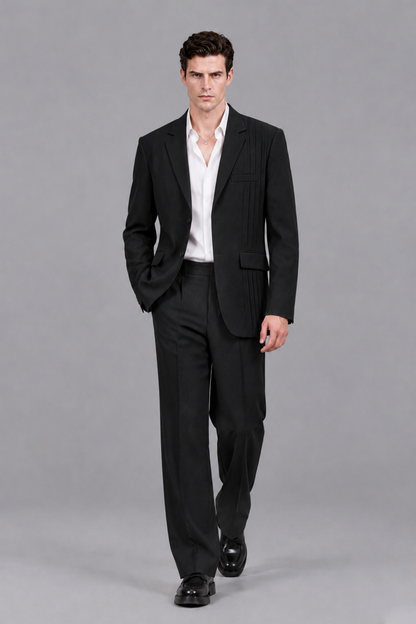 Savile Men's Black Pleated 2-Piece Suit Set | Notch Lapel Blazer & Tailored Trousers