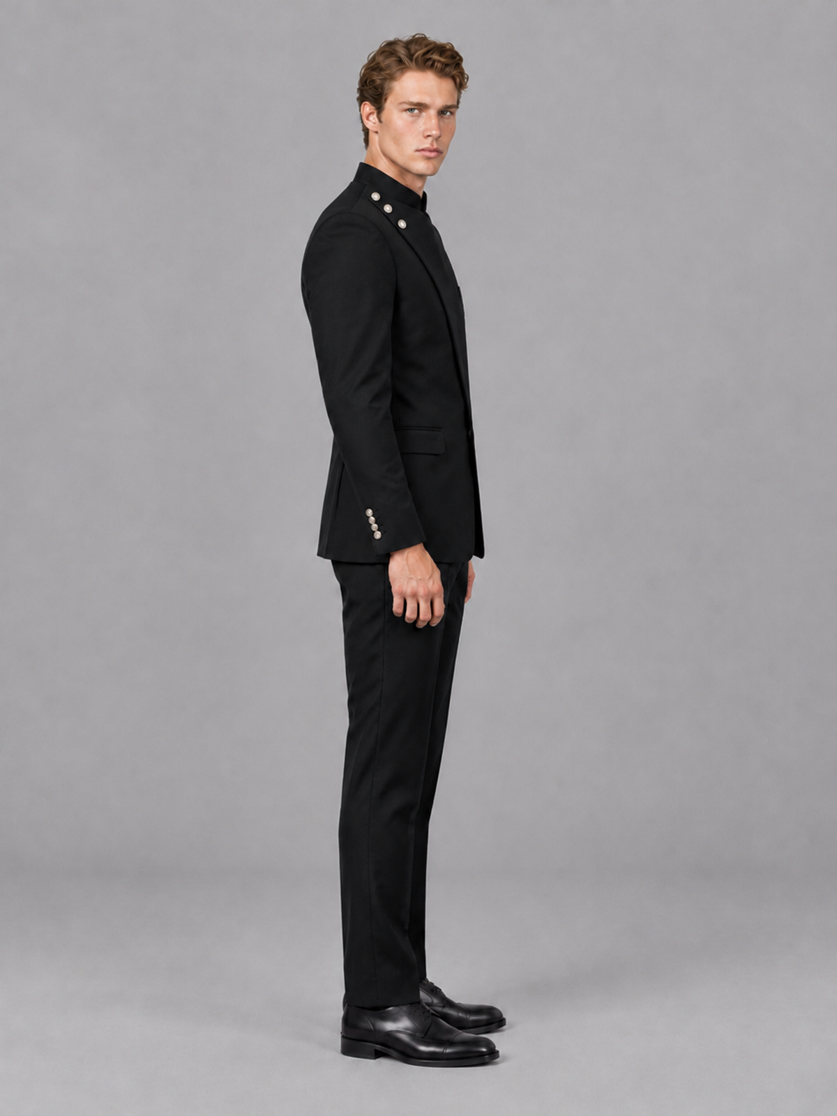Savile Men's Black Mandarin Collar Asymmetrical 2-Piece Suit Set - Side Profile View