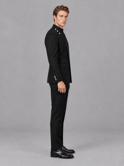Savile Men's Black Mandarin Collar Asymmetrical 2-Piece Suit Set - Side Profile View