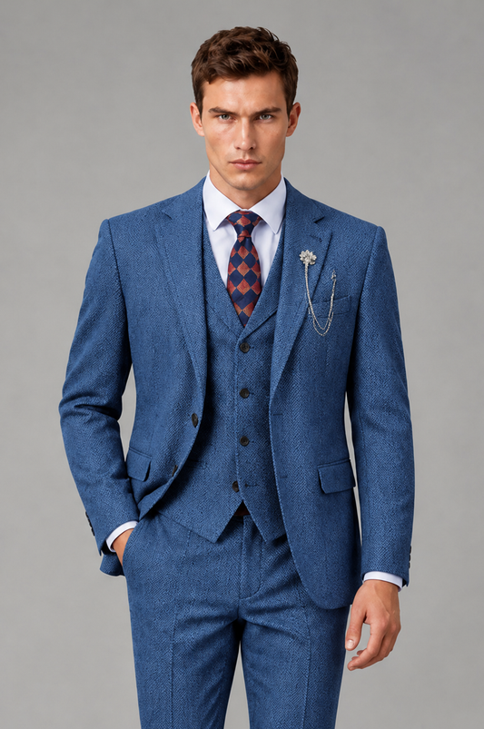 Savile Men's Grey Notch Lapel 3-Piece Suit Set | Jacket, Vest & Trousers - Blue - Blue