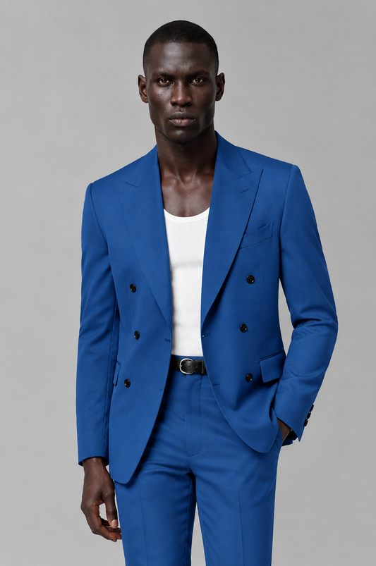 Savile Men's Blue Double Breasted Slim Fit 2-Piece Suit Set – Blazer & Trousers | Wedding Gala Formal - Blue - Blue_01