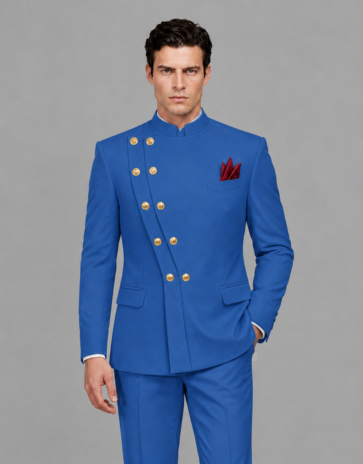 BOLODOO Men's Blue Asymmetrical Mandarin Collar Tuxedo Suit – Modern 2-Piece Gold Button Wedding, Prom & Gala Set - Blue - Blue_01
