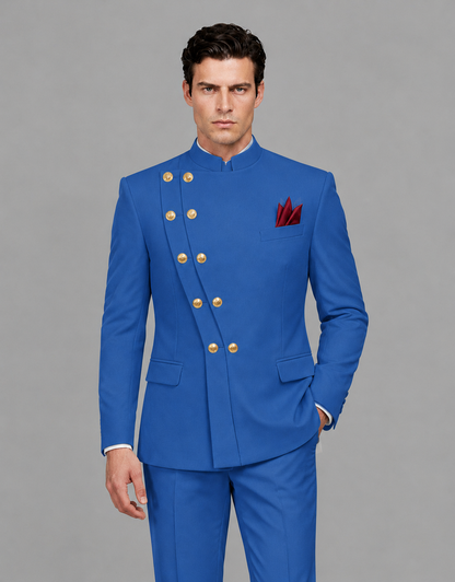 BOLODOO Men's Blue Asymmetrical Mandarin Collar Tuxedo Suit – Modern 2-Piece Gold Button Wedding, Prom & Gala Set - Blue - Blue_01