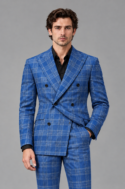 Savile Men's Rust Plaid 2-Piece Double-Breasted Suit – Peak Lapel Slim-Fit Jacket & Trousers Set - Blue - Blue