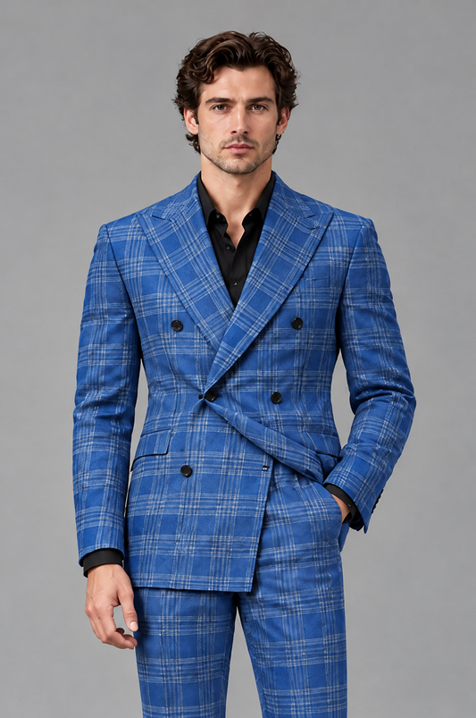 Savile Men's Rust Plaid 2-Piece Double-Breasted Suit – Peak Lapel Slim-Fit Jacket & Trousers Set - Blue - Blue