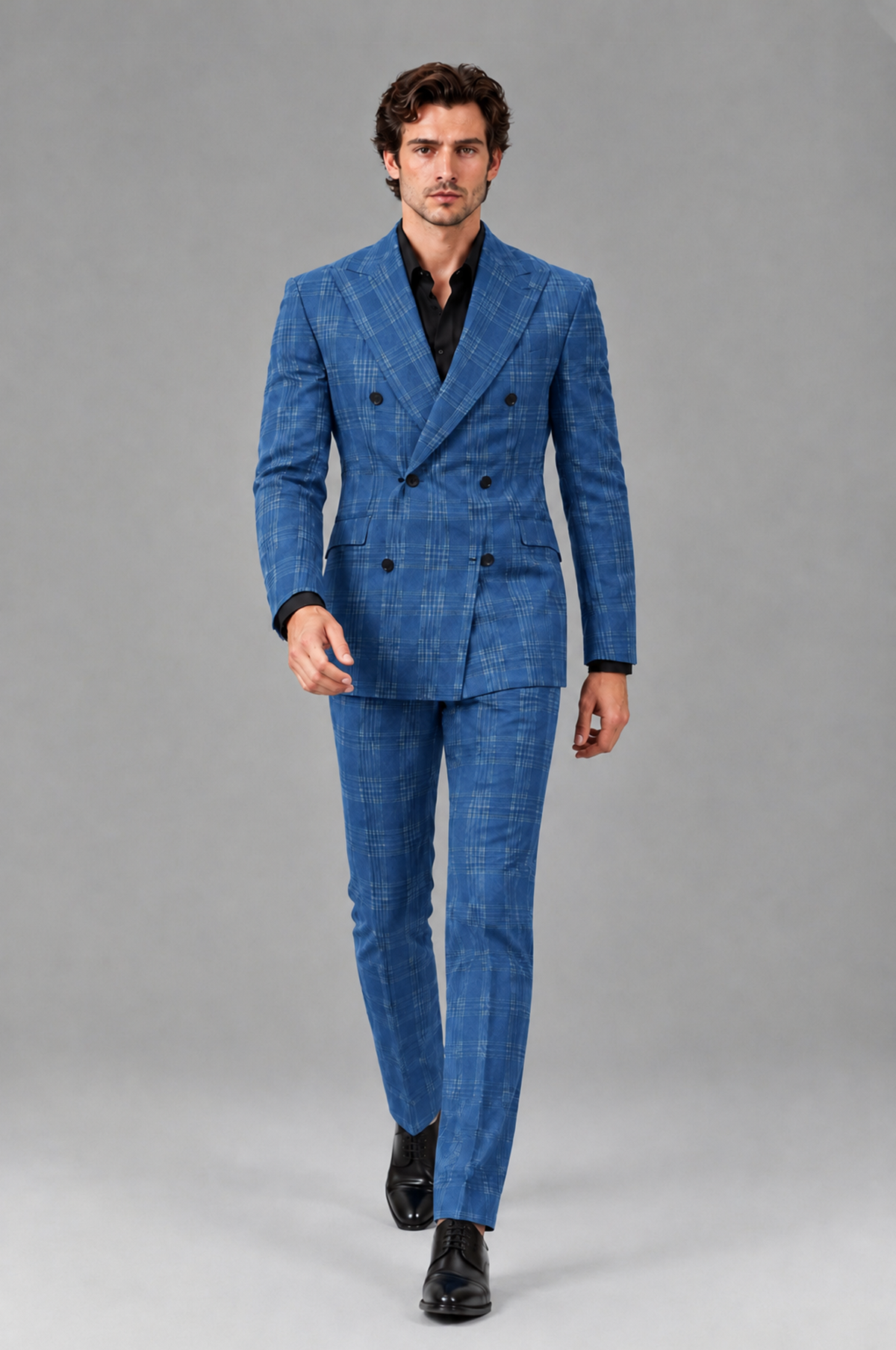 Savile Men's Rust Plaid 2-Piece Double-Breasted Suit – Peak Lapel Slim-Fit Jacket & Trousers Set - Blue - Blue