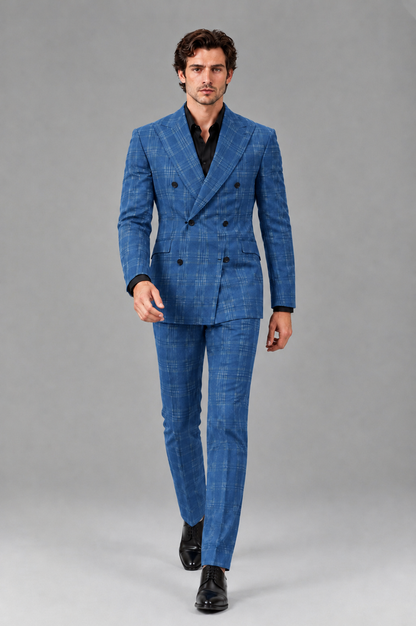 Savile Men's Rust Plaid 2-Piece Double-Breasted Suit – Peak Lapel Slim-Fit Jacket & Trousers Set - Blue - Blue