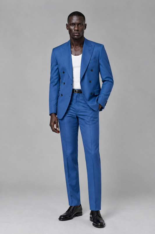 Savile Men's Blue Double Breasted Slim Fit 2-Piece Suit Set – Blazer & Trousers | Wedding Gala Formal - Blue - Blue_02