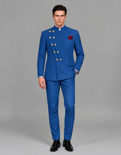 BOLODOO Men's Blue Asymmetrical Mandarin Collar Tuxedo Suit – Modern 2-Piece Gold Button Wedding, Prom & Gala Set - Blue - Blue_02