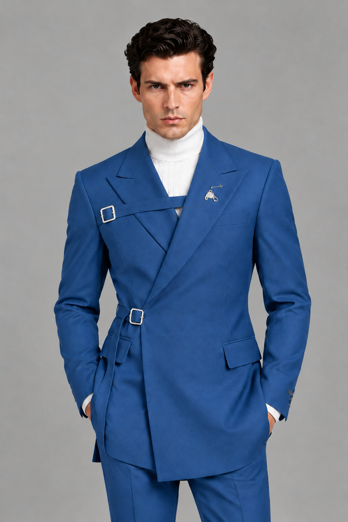Savile Men's Blue Double Buckle Wrap Belted 2-Piece Suit Set – Peak Lapel Slim-Fit Jacket & Trousers - Blue - Blue_1