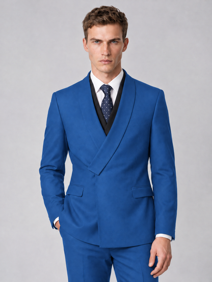 Savile Men's Blue Wrap Shawl Lapel 2-Piece Suit Set – Modern Jacket & Trousers - Blue - Blue_1