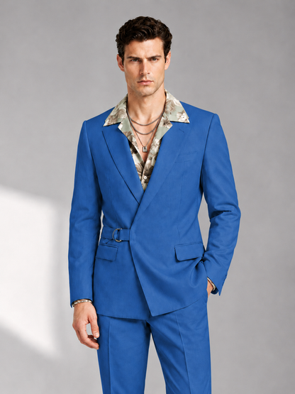 Savile Men's Blue Belted Wrap 2-Piece Suit – Peak Lapel Blazer & Tailored Trousers - SUC060 - Blue - Blue_1