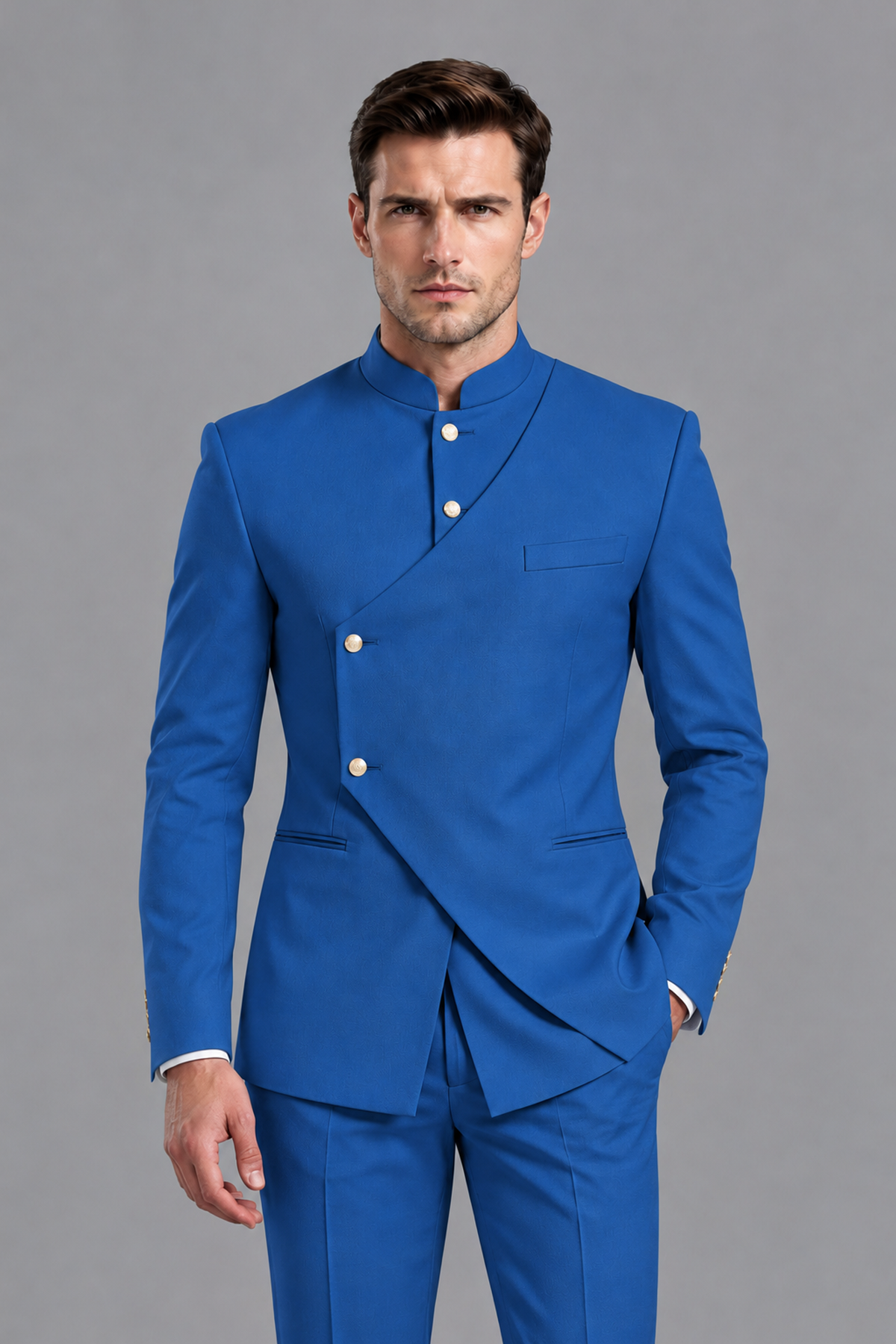 Savile Men's Blue Asymmetrical Mandarin Collar Tuxedo Suit – Modern 2-Piece Gold Button Wedding, Prom & Gala Set - Blue - Blue_1