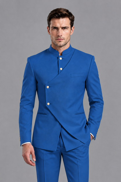 Savile Men's Blue Asymmetrical Mandarin Collar Tuxedo Suit – Modern 2-Piece Gold Button Wedding, Prom & Gala Set - Blue - Blue_1