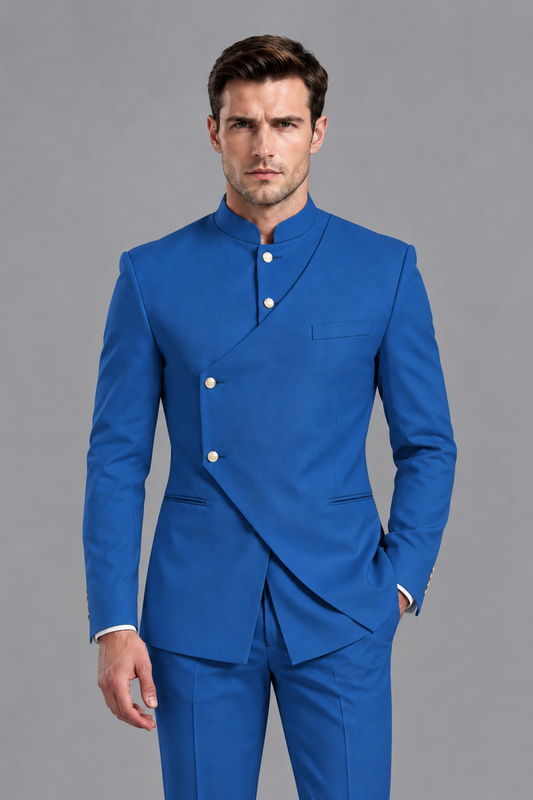 Savile Men's Blue Asymmetrical Mandarin Collar Tuxedo Suit – Modern 2-Piece Gold Button Wedding, Prom & Gala Set - Blue - Blue_1