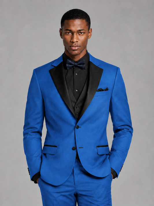 Savile Men's Blue Contrast Shawl Lapel Tuxedo Suit – 3-Piece Wedding, Prom & Black-Tie Formal Set - Blue - Blue_1